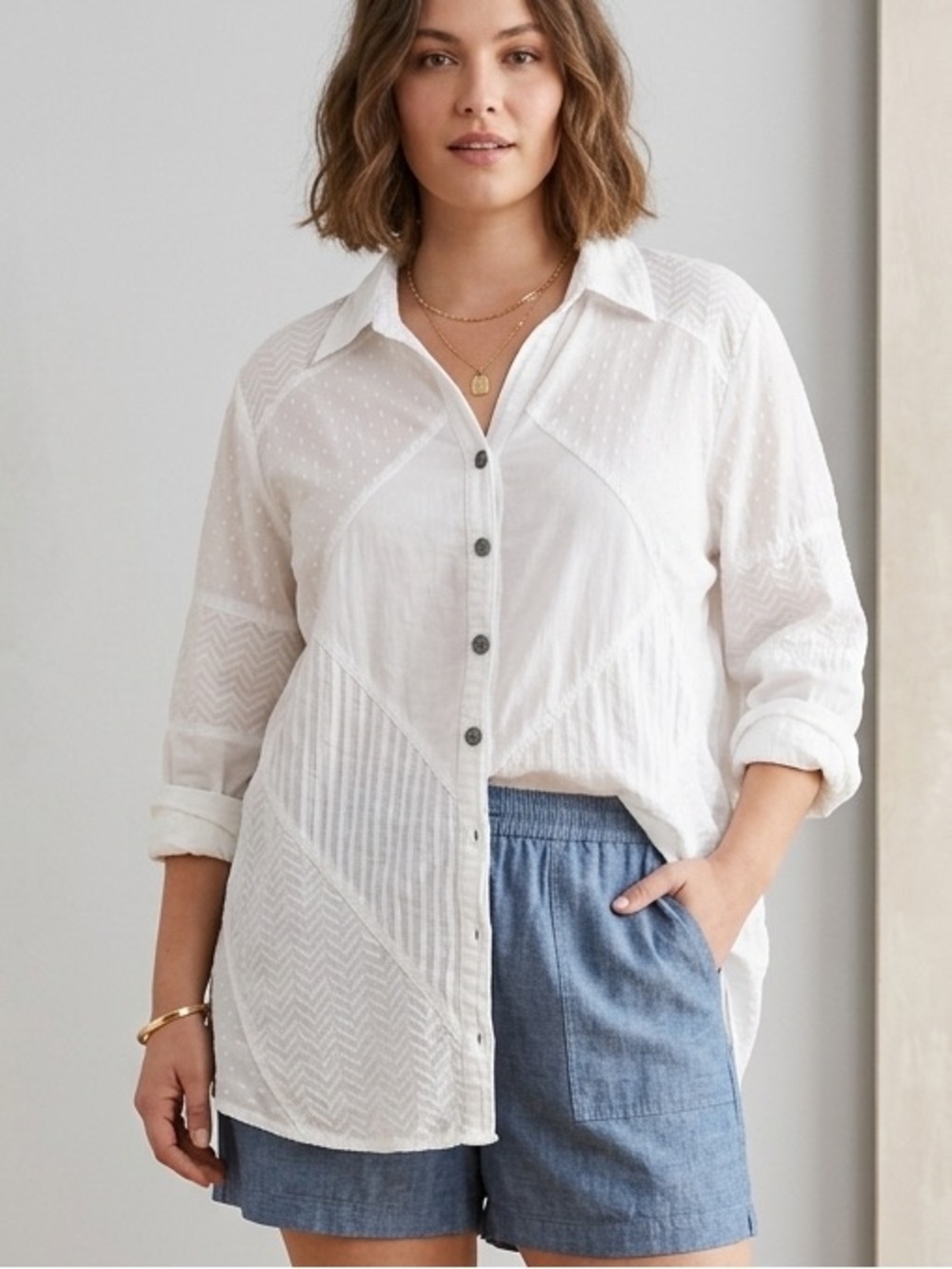 Parsley & Sage White Swiss-Dot Button Patterned Textured Lightweight Blouse Boho
